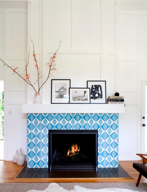 Spotlight On Von Fitz Design--gorgeous blue fireplace tiling and wall paneling.
