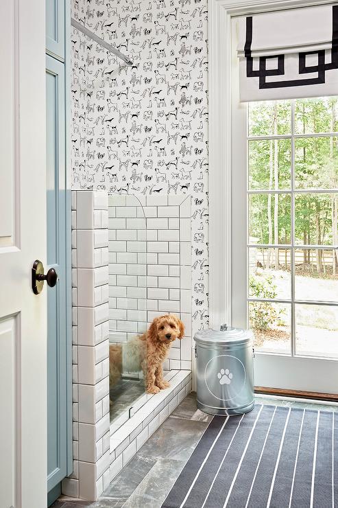 mudroom-dog-shower-thibaut-best-in-show-wallpaper-blue-cabinets