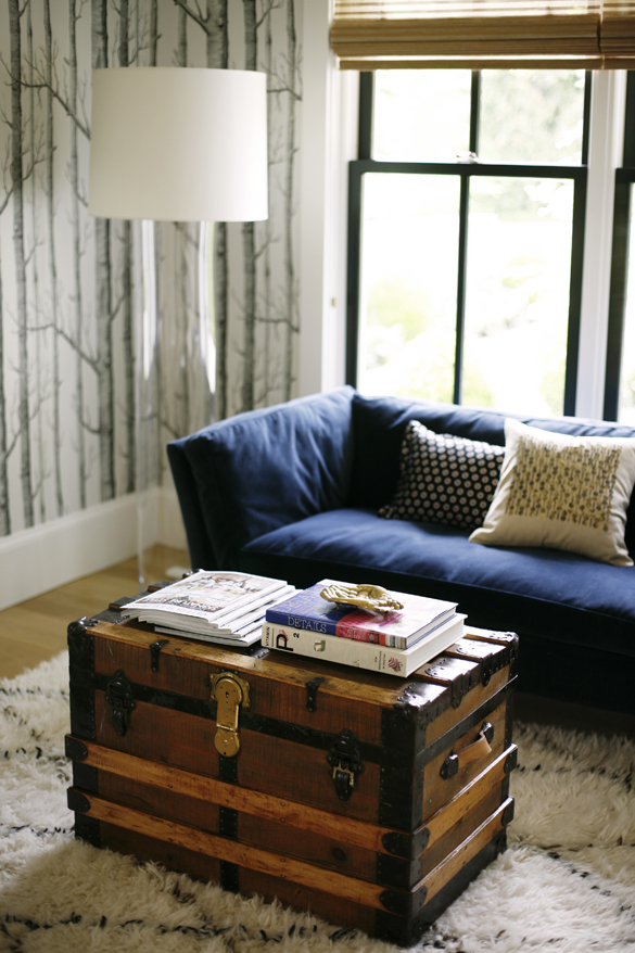 a cozy spot in this modern farmhouse. Navy sofa, vintage trunk as coffee table. 