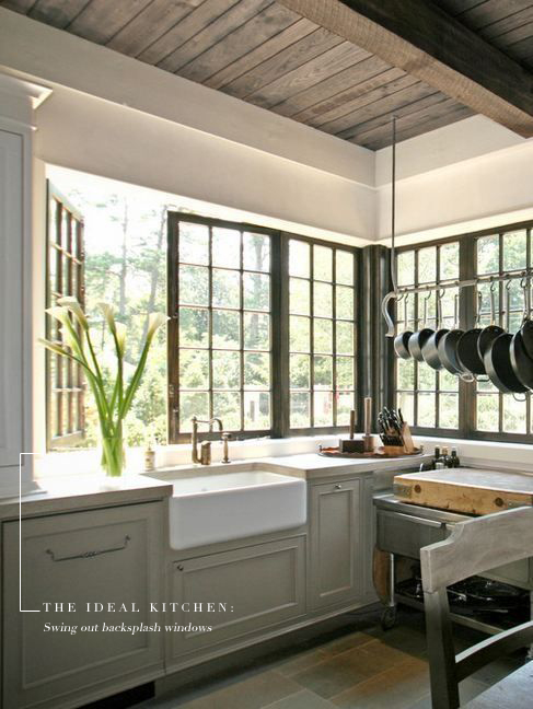 So dreamy! Swing out backsplash windows wrapping this kitchen. Adding this to my "one-day" list. 