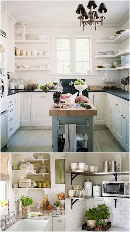 Open shelving in the kitchen as a solution to the problem of the dreaded corner cabinet. 