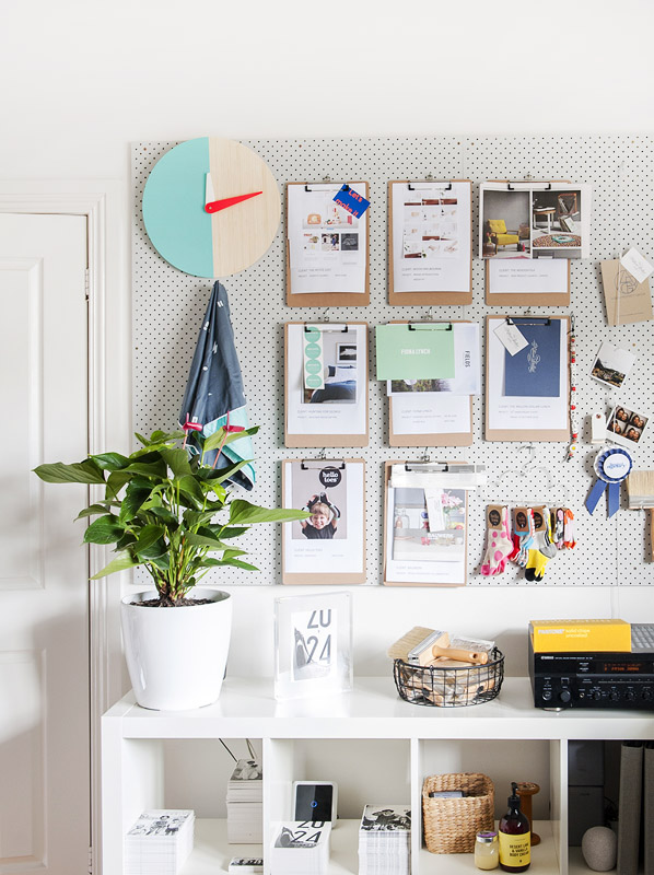 So original! Pegboard used as an inspiration board/planning tool in this workspace. 
