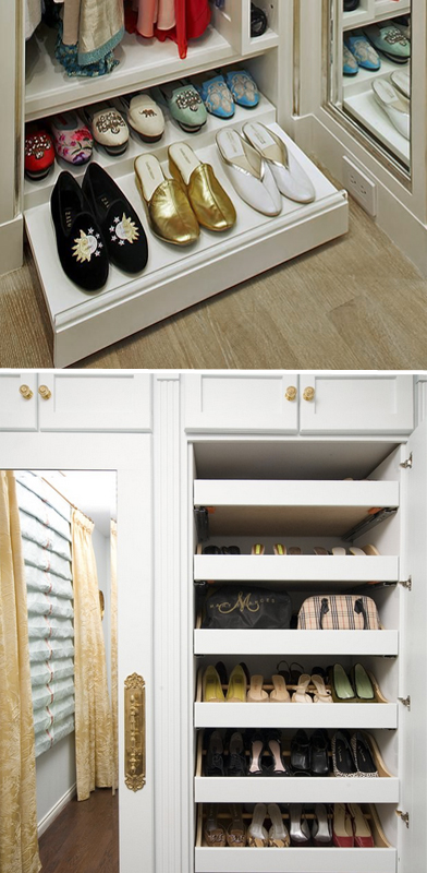 Pull out shelves for storing shoes--love this uber accessible & space maximizing concept! 