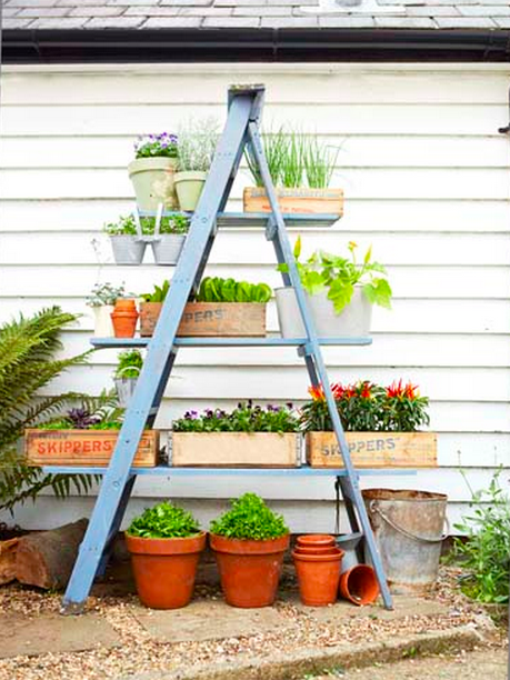 Use an old ladder to create rustic storage. 