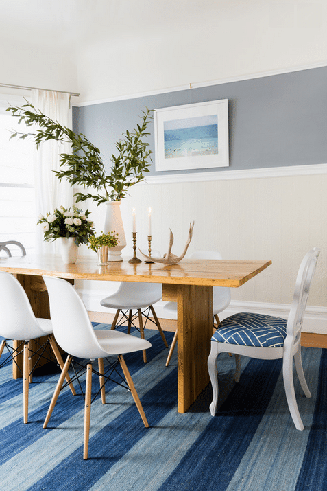 Serene dining room filled with shades of blue.
