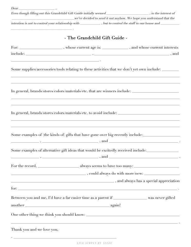 The grandchild gift guide--to be filled out by parents and children and given to grandparents for easier and better gift-giving! 