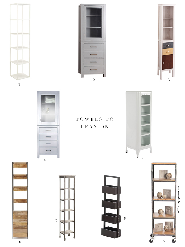 storage towers--perfect way to add significant storage to those tall, skinny spaces. 