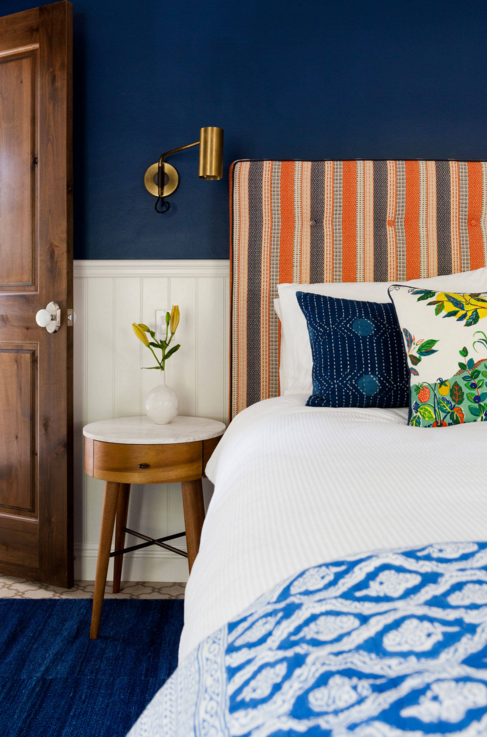 Spotlight on Taylor Jacobson Interior Design--blue and white lux boho bedroom. 