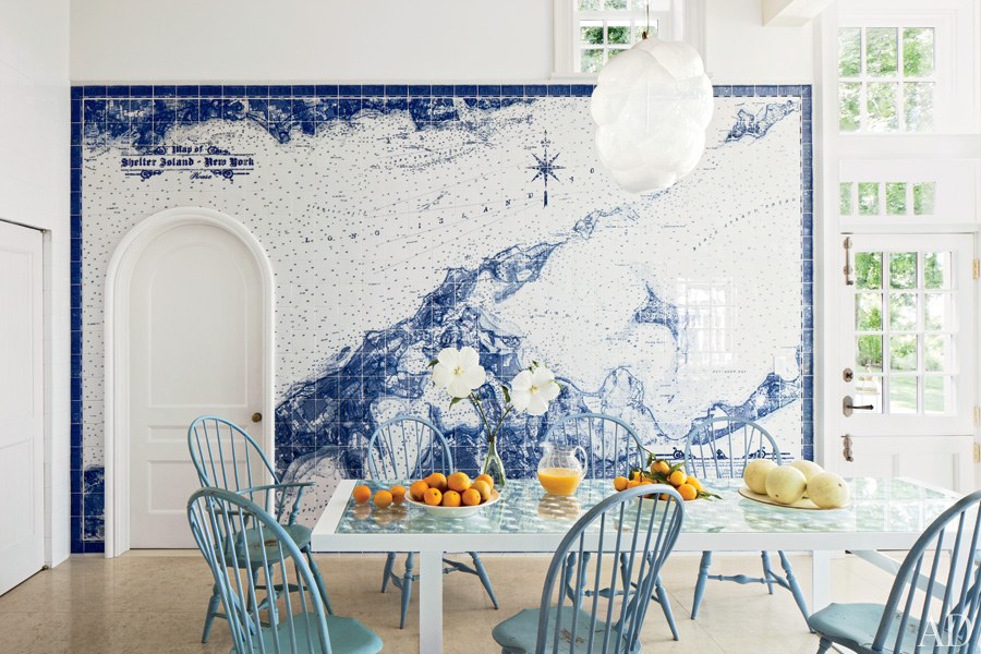 The dreamiest beach dining room I've ever seen! Custom-made tile map, dutch door...blue and white paradise. 