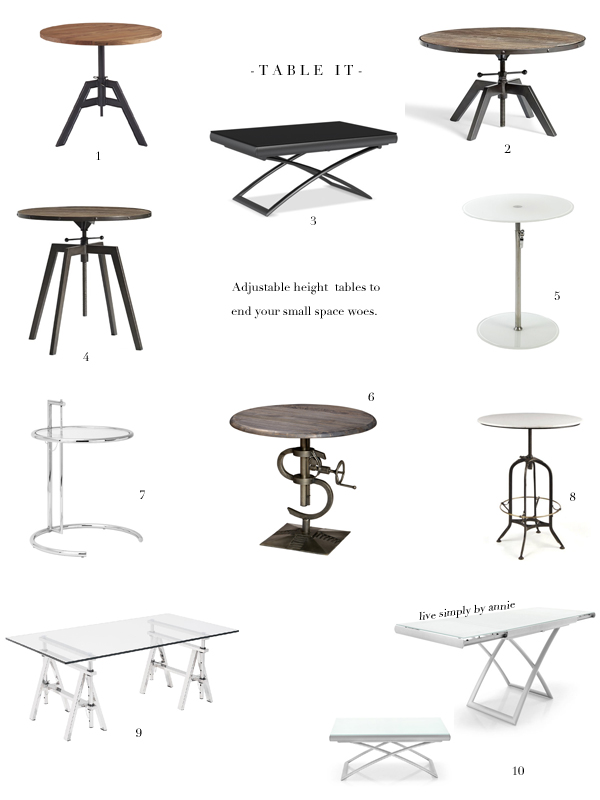 A godsend for small spaces! These tables adjust in height, from coffee to dining table in a flash. 