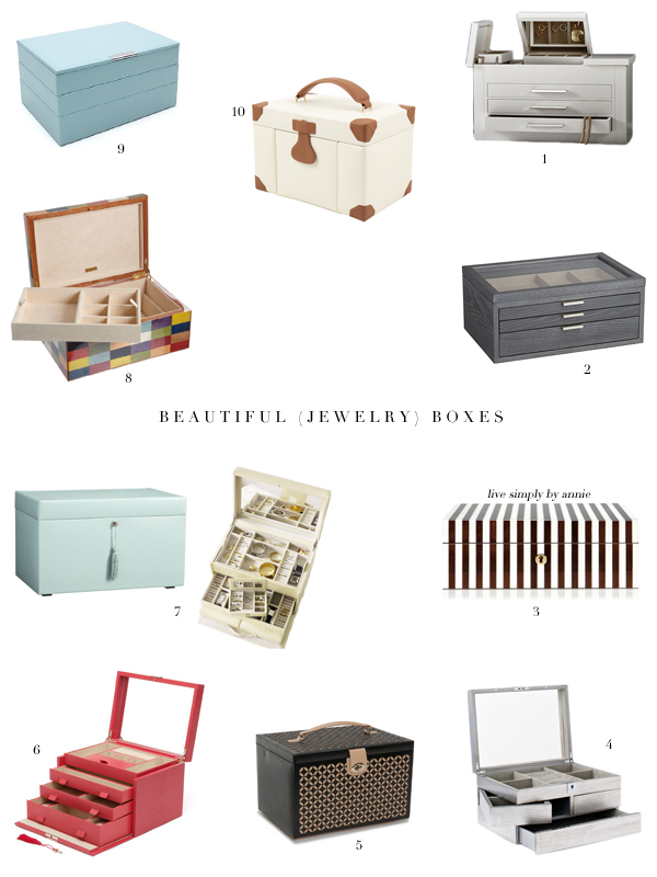a collection of beautiful and stylish jewelry boxes--these would make keeping jewelry organized a breeze! 