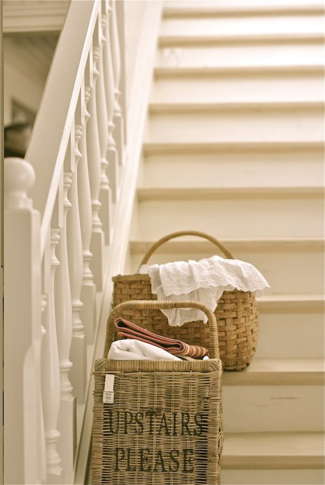 Stair basket: the answer for easily transporting things from floor floor. Having a "why didn't I think of this sooner?!" moment.